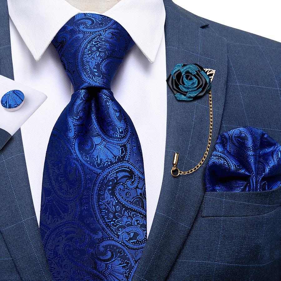 Mens Necktie with Flower Chain Brooch Pin Business Party Silk Tie Hanky Cufflink Set Dibangu