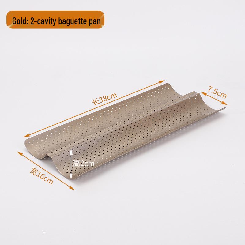 Golden Non-stick Baguette Baking Mold with Breathable Multi-hole Design and Rounded Corners.