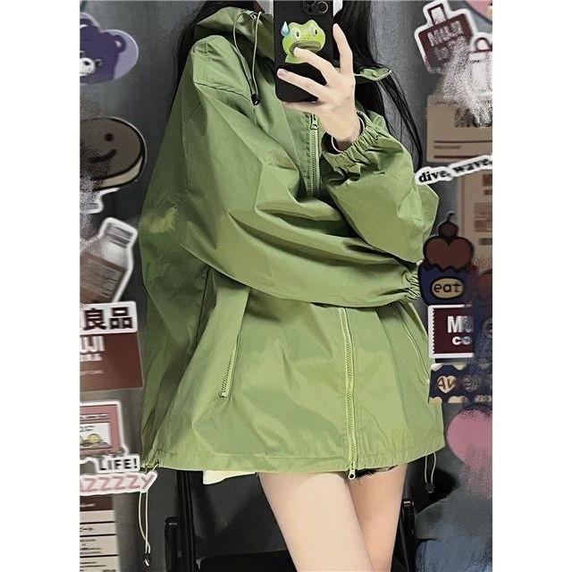 Осенняя непромокаемая куртка с капюшоном, женская однотонная куртка на молнии, техническая одежда, ветровка, корейская модная одежда Y2k, плащ