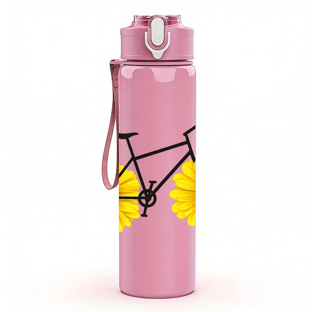 1PC Bicycle Sunflower Floral Print 750ml Color Plastic Sports Water Bottle Leakproof Flip Straw Lid Suitable for Sports Office Home Use