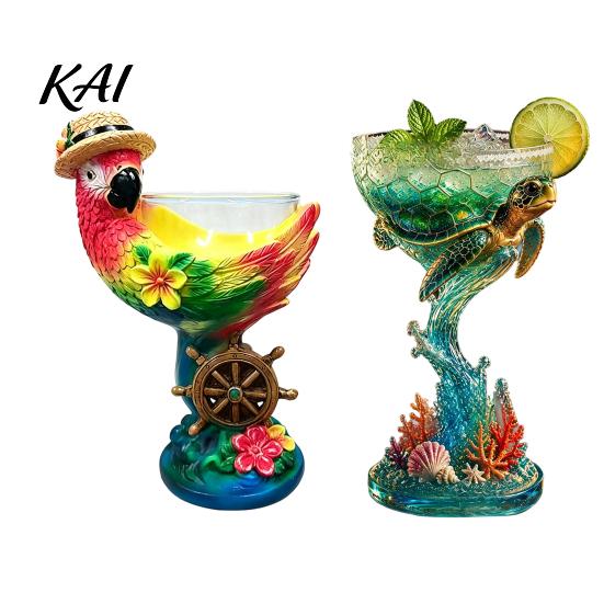 Tropical Flower And Coral Decorations 3D Ocean Theme Glass Cup, Resin Art Parrot Personalized Holiday Presents Turtle Design, Decorative Colorful