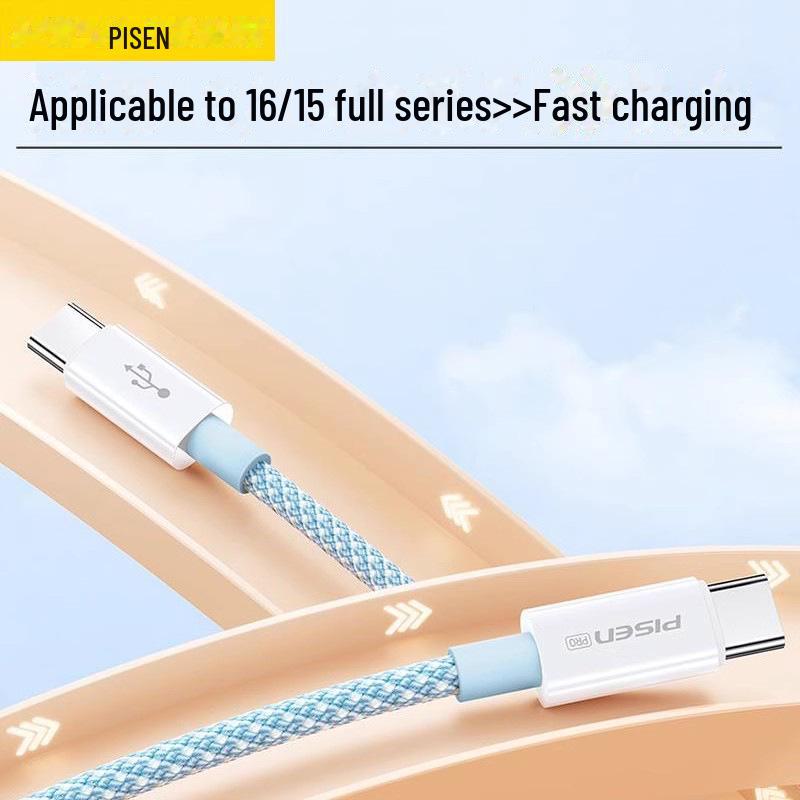 PISEN Двухголовочный кабель для передачи данных Type-C 60 Вт Быстрая зарядка для iPhone 16 и универсальных устройств.