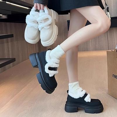 Модные повседневные универсальные туфли Мэри Джейн женские осень-зима 2025 новые на толстой подошве бархатные с юбкой зимние сапоги