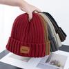 Vintage Leather Label Hat Women's Autumn Winter Caps Warm Pit Stripe Knitted Yarn Hats