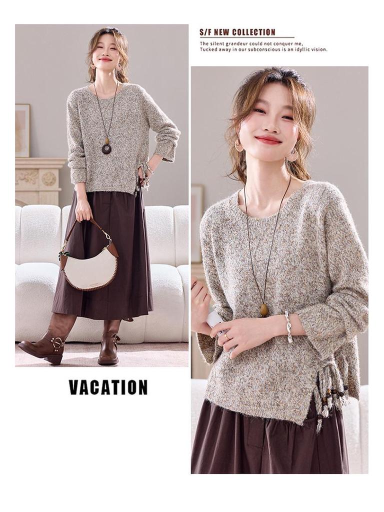 Versatile Knitted Sweater: Round Neck, Loose Fit, Irregular Tassel Cardigan for Autumn and Winter