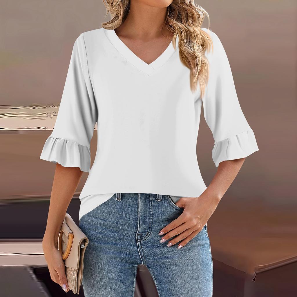 Женский повседневный топ с рукавами 3/4, летняя футболка с v-образным вырезом и пышными рукавами