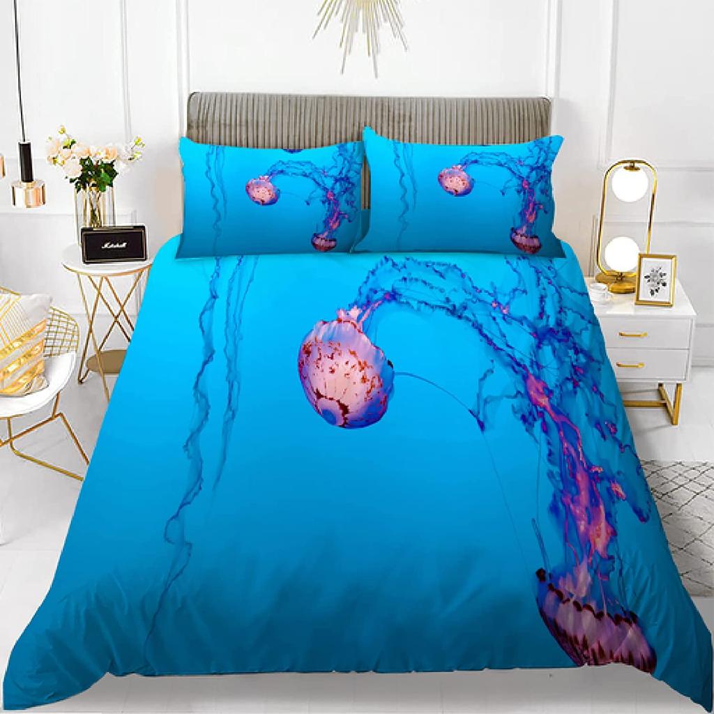 Jellyfish Bedding Set Queen,Ocean Nautical Comforter Cover for Kids Boys Girls,Hawaii Beach Duvet Cover Teens Cute Sea Animal