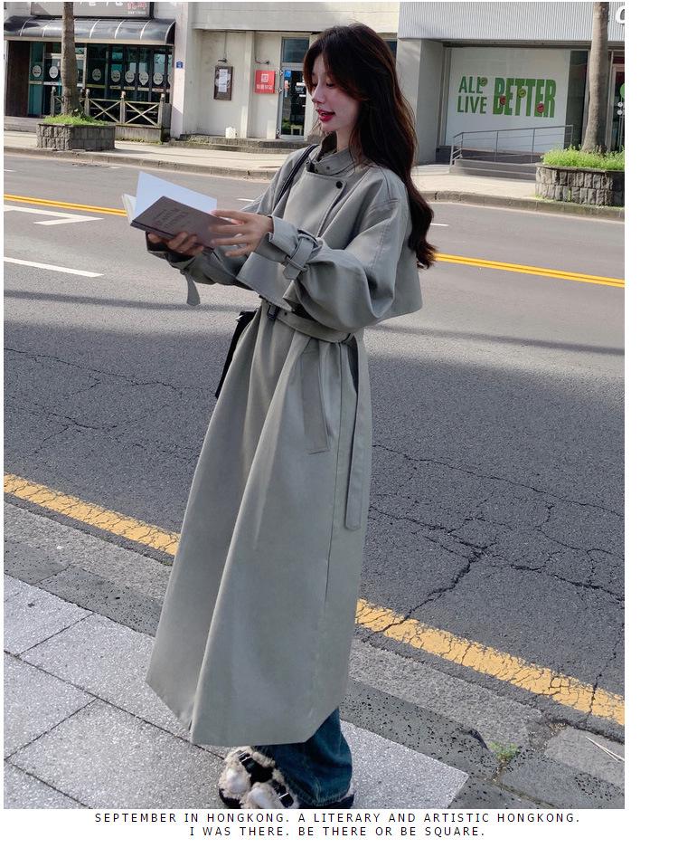 Women's Korean-Style Gray-Green Windbreaker Jacket, Autumn 2024 High-End Mid-Length Coat