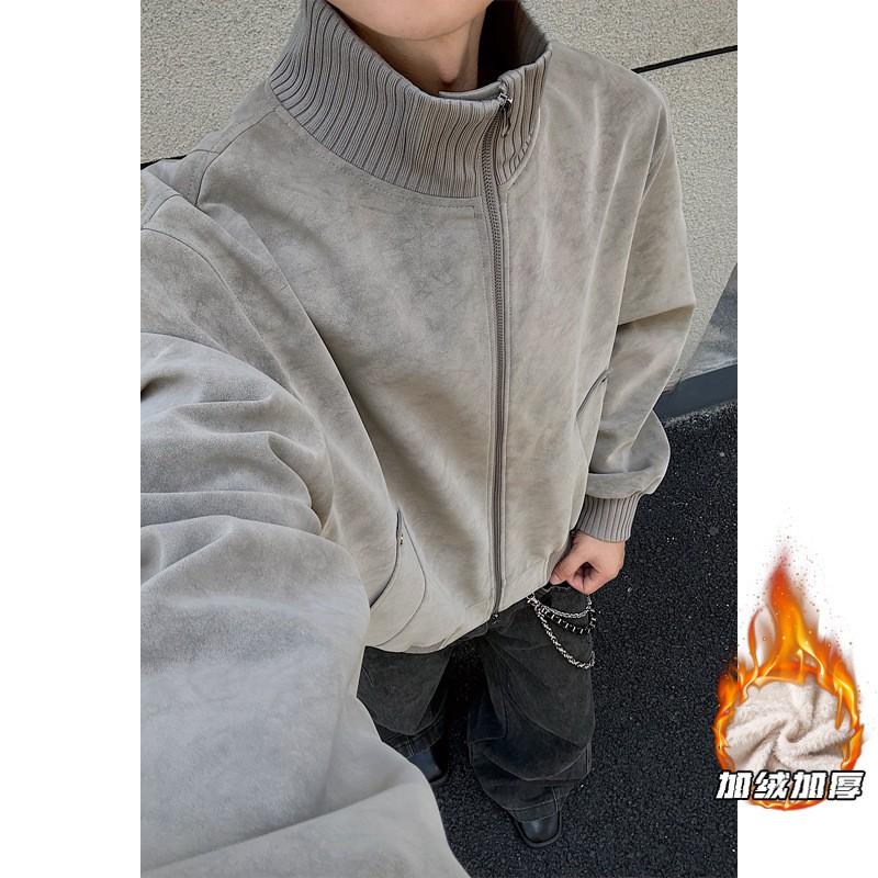 Mens Warm Fleece-Lined Oversized Cotton Jacket 2026 Loose Fit Stand Collar Zipper Hoodless Streetwear