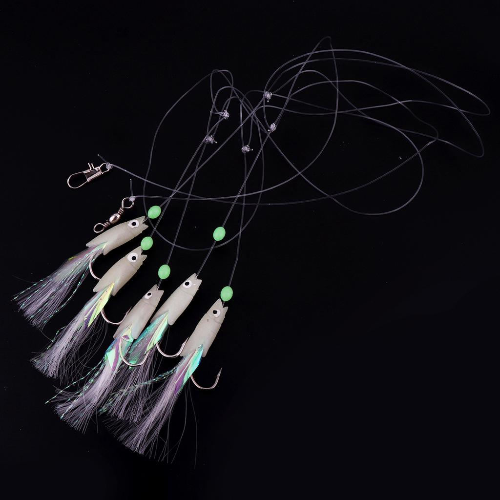5 In 1 Luminous Sabiki Soft Fishing Lure Hook 1/0# 1# 2# 3# 4# Fishing String Hook During Dark Night