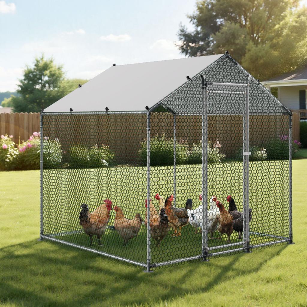 VEVOR Metal Chicken Coop, 6.56x6.56x6.56ft Large Walk-in Chicken Runs with Cover, Spire Roof Hen House Enclosure with Security Lock