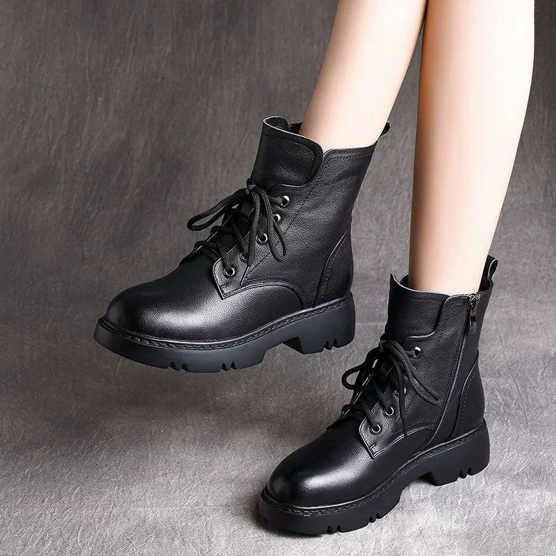 Зимняя обувь женские сапоги с круглым носком на плоской подошве черные кожаные сапоги на платформе для женщин зимние сапоги женские зимние 2024 Botas Mujer785