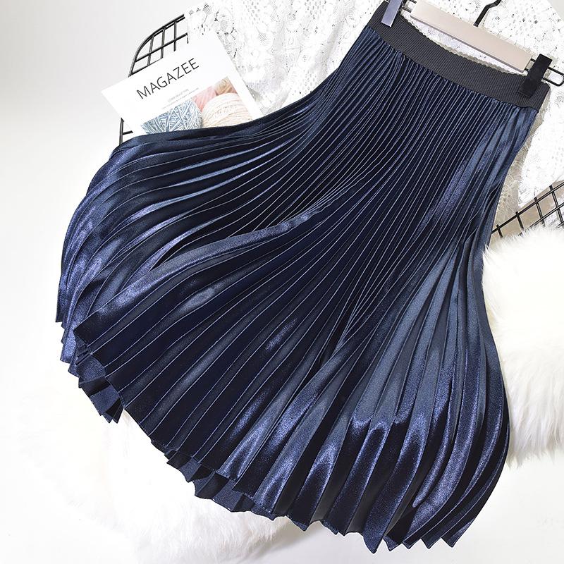 Women 11 Colors Satin Pleated Midi Skirt Elegant Elastic Waist Solid Color A-line Skirt