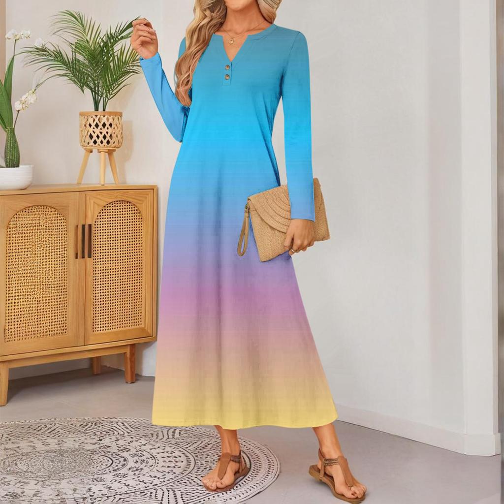 Women Gradient Print Long-sleeved Comfortable Loose Dress Elegant Dress