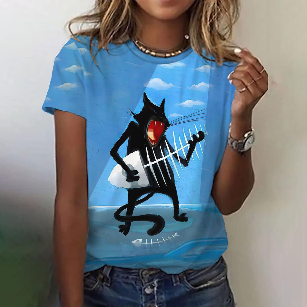 Женская модная футболка с круглым вырезом, летняя одежда, забавная повседневная футболка с коротким рукавом и принтом кота, модная свободная футболка, женская одежда