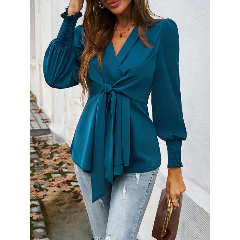 Elegant Deep V Neck Cross Strap Slim Fit Waist Shirt Long Sleeve Pleated Cuffs Office Fashion Blouse Retro Casual Bow Tie Lace-up Top Female Clothing
