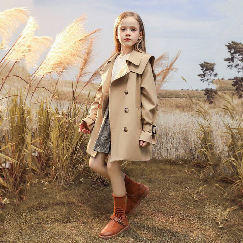 Girls' Wind Coat Medium and Large Children Thickened Children's Mid-Length Spring and Autumn Coat