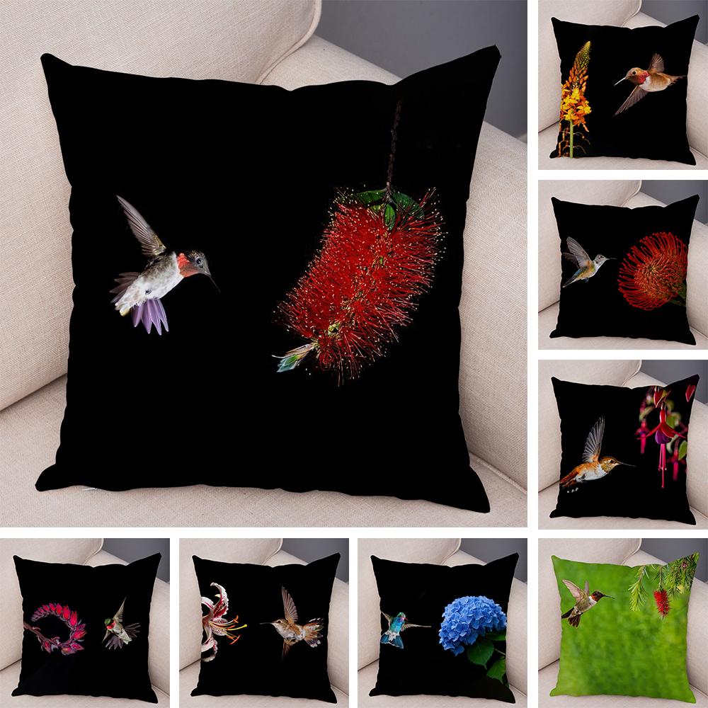 Hummingbird Flower Cushion Cover Vibrant Bird And Floral Print Soft Fabric Living Room Sofa Home Decor Pillow Case