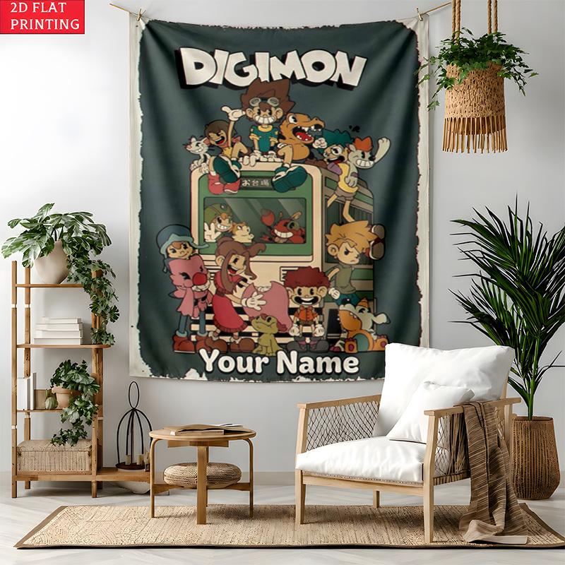 Digimon Custom Name Tapestry Personalized Wall Art Hanging Bohemian Home Decor for Bedroom Dorm Living Room