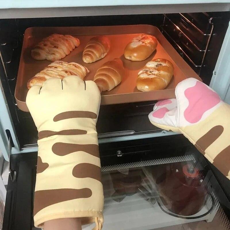 Длинные хлопковые перчатки для микроволновой печи, милые кошачьи лапки, изоляционные перчатки для духовки, термостойкие, нескользящие, одинарные перчатки, кухонные принадлежности для выпечки