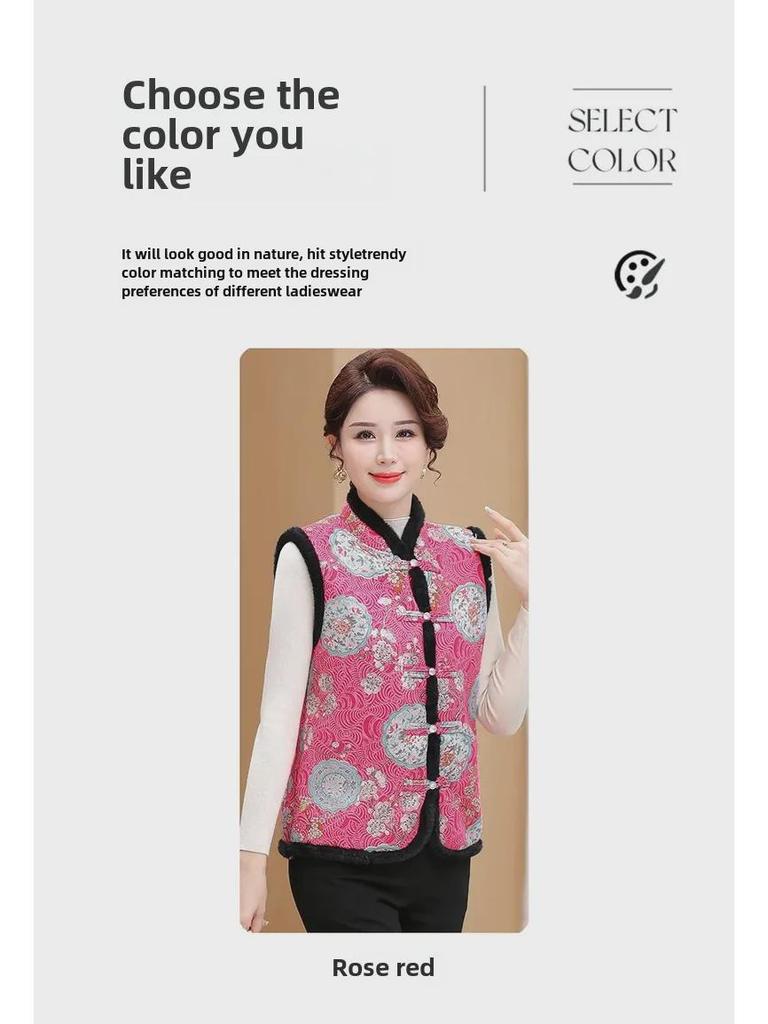 New Style Velvet-Lined Buttoned Vest for Middle-Aged Women - Warm and Fashionable for Autumn/Winter.