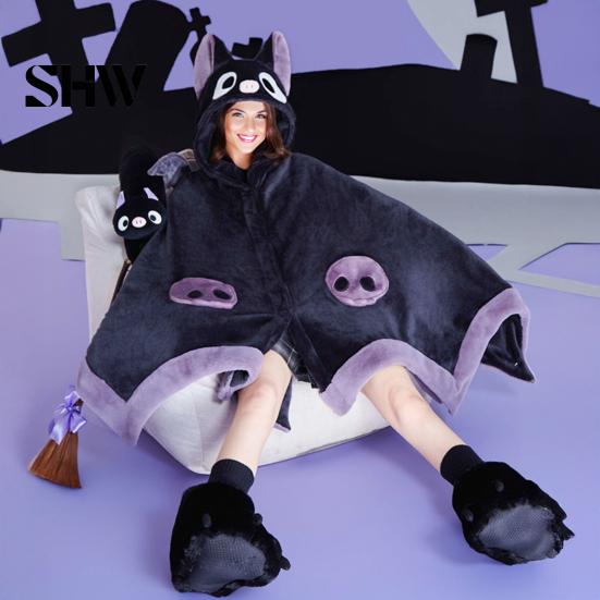 Warm Fleece Loungewear Halloween Bat Blanket Hoodie, Plush Wearable Hooded Costume Cape, Oversized Cartoon Sleepwear for Women Loose Fit