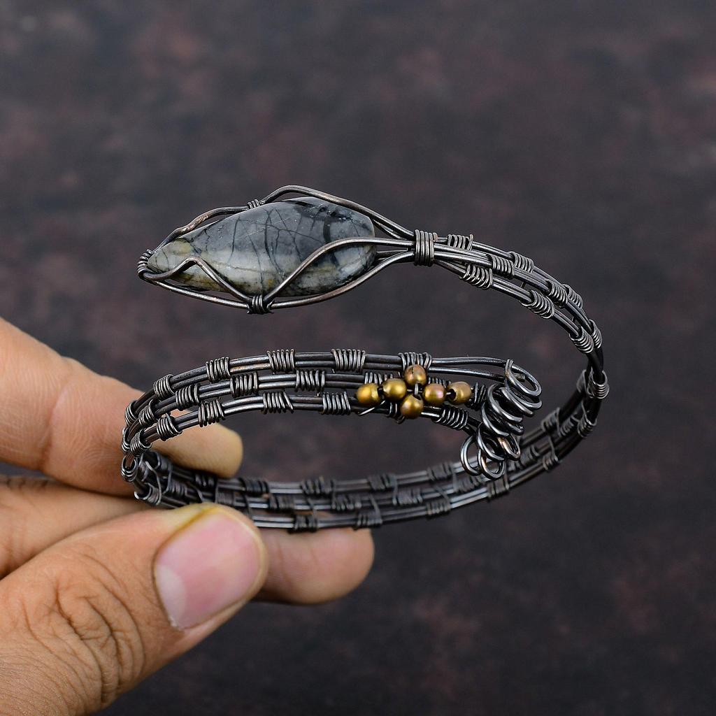 Браслет-манжета из яшмы Пикассо, медная проволока, браслет с драгоценными камнями, регулируемая манжета, браслет ручной работы, медная проволока, ювелирные изделия, подарок на годовщину