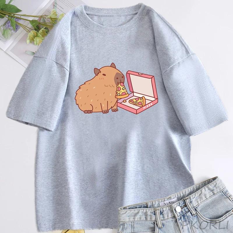 Забавная женская футболка с изображением капибары, поедающей пиццу, с графическим 3D-принтом, симпатичная футболка, женская футболка, уличная одежда