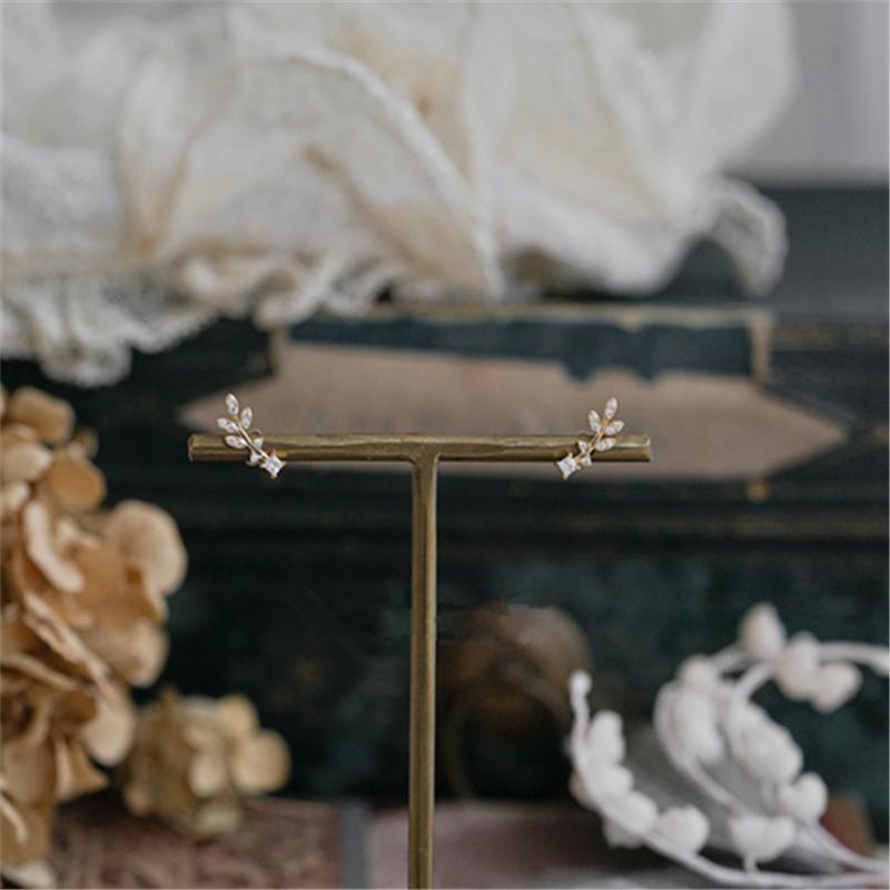 S925 Sterling Silver 14K Gold Plated Zircon Leaves Stud Earrings Korean Flower Plant Earrings