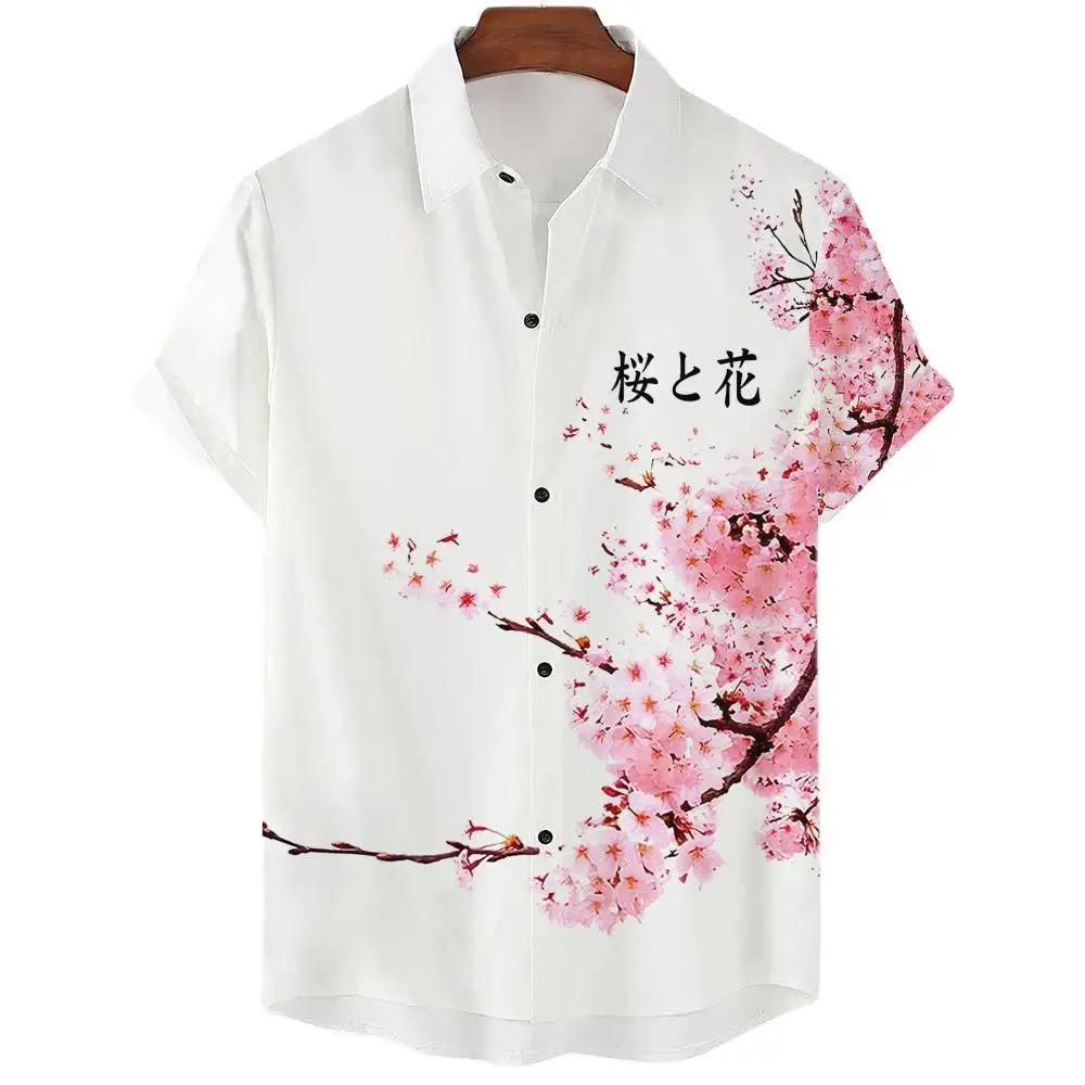 Japanese Aesthetic Cherry Blossom Print Men's Shirt Fashionable Luxury Lapel Button-down Shirt Casual Short-sleeved Tops