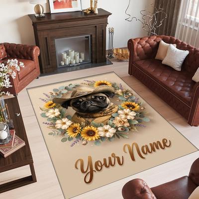 Pug Theme Crystal Velvet Floor Rug Personalized Custom Name Text Warm Carpet Home Decoration