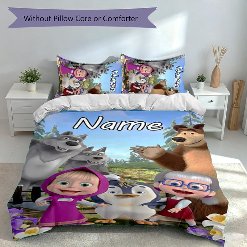 3pcs Custom Name Masha and the Bear Set,Includes 1 Duvet Cover and 2 Pillowcases,All-season Bedroom Decor