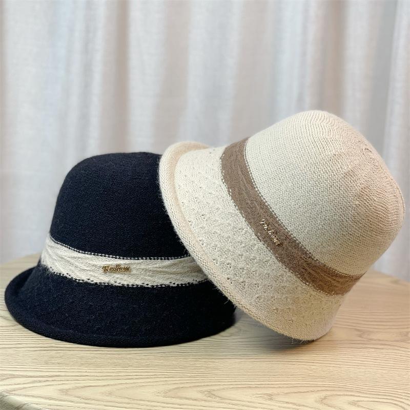 Fashionable bucket hat, Korean-style wool fisherman hat for women, Japanese-style artistic knitted bucket hat, versatile autumn and winter hat with