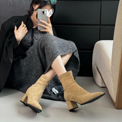 Новые замшевые ботильоны с острым носком на толстом высоком каблуке, женские, 2025 осень-зима, новые, ретро, тонкие, эластичные