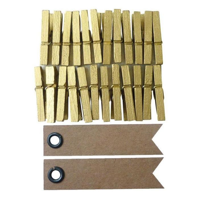 24 Mini Gold Clothespins + 20 Pennant Kraft Labels