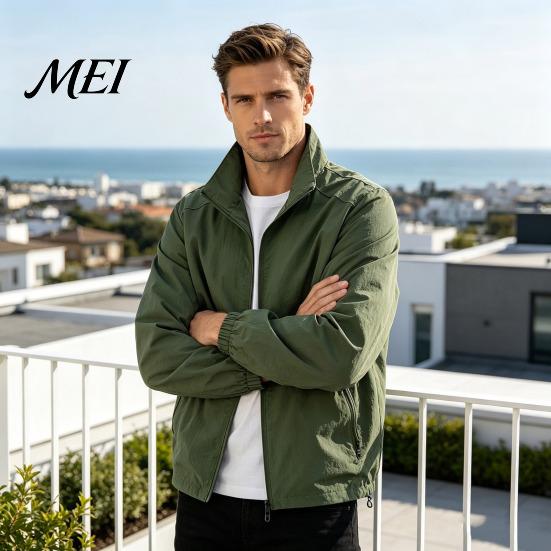 Solid Color Slim Fit Jacket Men Windbreaker Jacket, Windproof Waterproof Stand Collar Coat, Casual Zip-up Fashionable Layering Tops for with Zippered