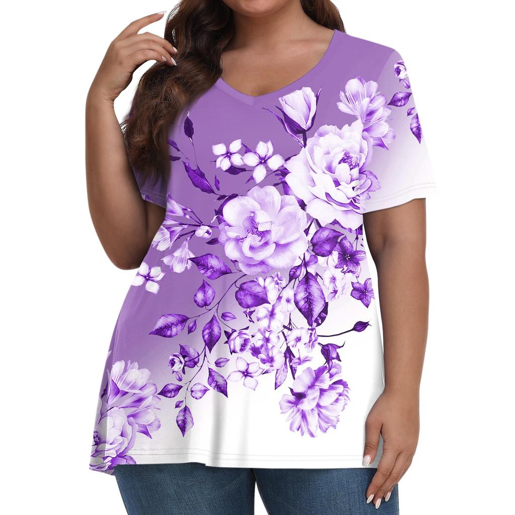 Womens Plus Size Tops Short Shirts V Neck Casual Clothing 3D Printed Tops T-Shirts