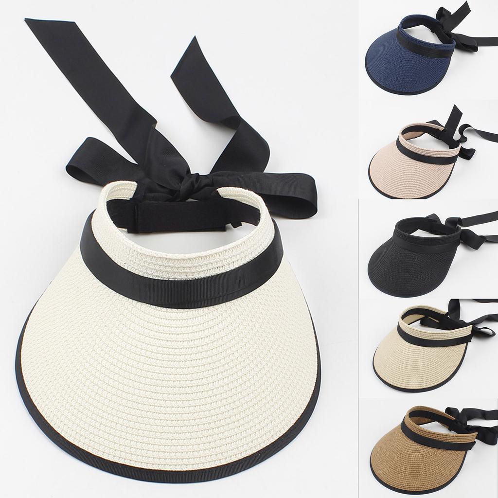 Women Sun Visor Hat Adjustable Wide Brim Bowknot Straw Hat Beach Hat
