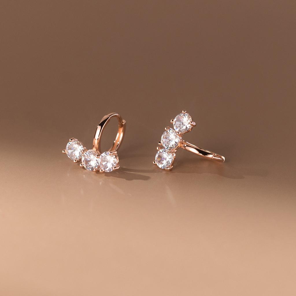 925 Silver Exquisite Three Cubic Zirconia Earrings for Women Simple Silver/Rose Gold Color Stud Earring