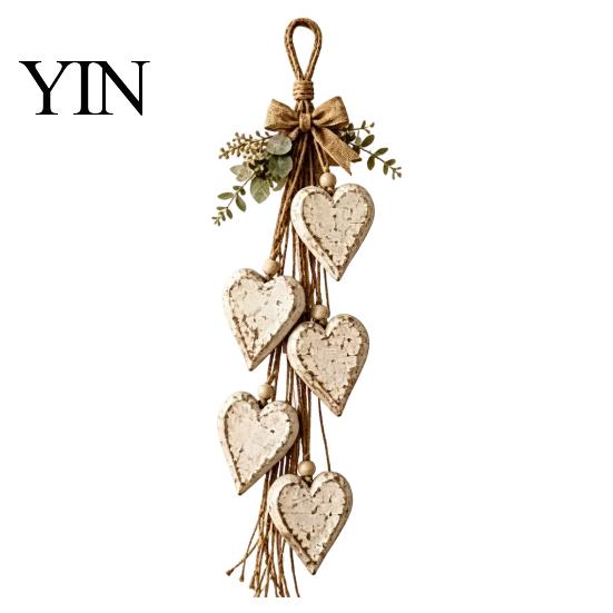 Wooden Bead Tassel Decor Farmhouse Hanging Heart Wall with 5 Layer Hearts, Vintage Boho Wood Natural Accent Trinket Shelf Art for Living Room Bedroom,