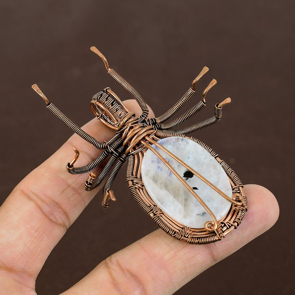 Радужный лунный камень, ручная работа, кулон-паук в оплетке из медной проволоки, 2,56" d3M82