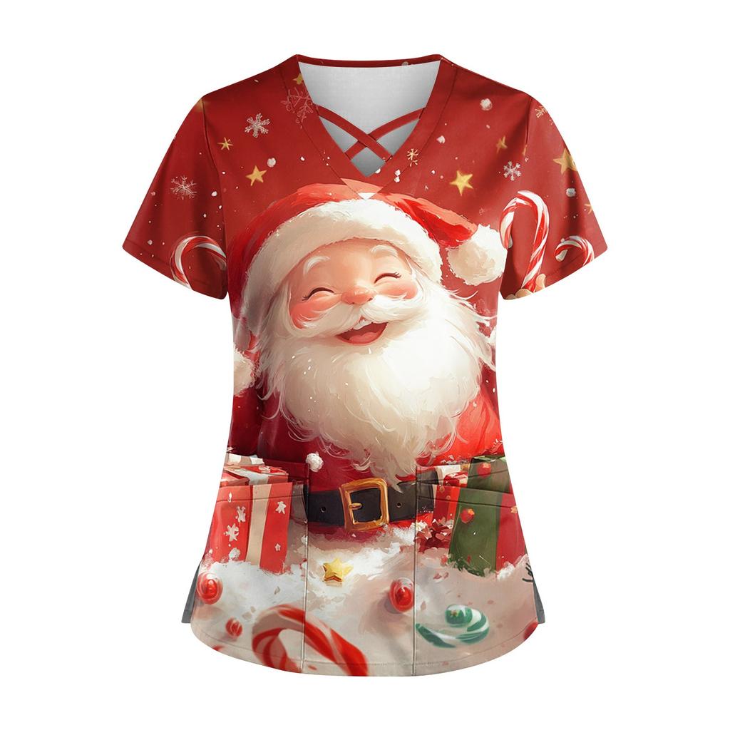 Women's Short Sleeve Stagger V Neck Christmas Print Pocket Dry-nurse Top