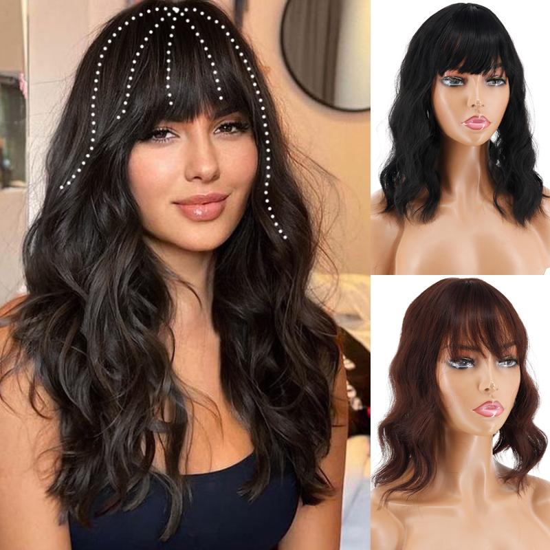 MISS WIG Women Natural Hair Fashion Short Wavy Hair Extensions with Bangs Synthetic Fiber Wig Daily Use Clip On Head To Cover Hair Loss