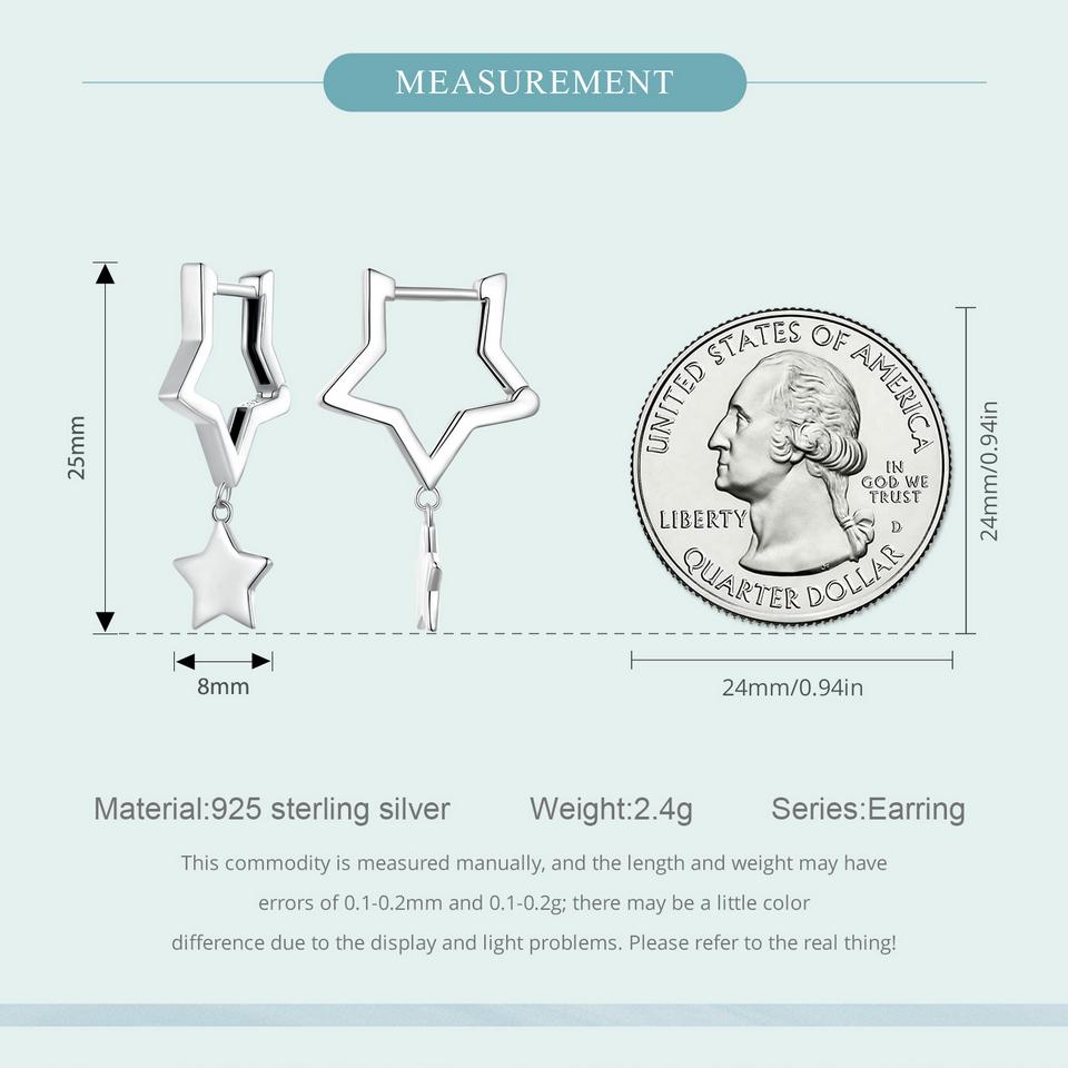 WOSTU 925 Sterling Silver Double Star Dangle Hoop Earrings For Women Punk Geometric Star Pendant Earrings Minimalist Jewelry