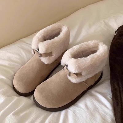 Модные женские плоские зимние сапоги, новые зимние сапоги с круглым носком из замши, с ремешком и пряжкой, на мягкой подошве, противоскользящие, износостойкие, короткие сапоги