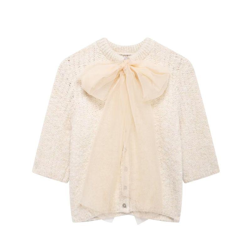 Kaslead New Arrival Women's Clothing Fashion Style Fashion Transparent Organza Bowknot Decoration Knitting Tops 2756126