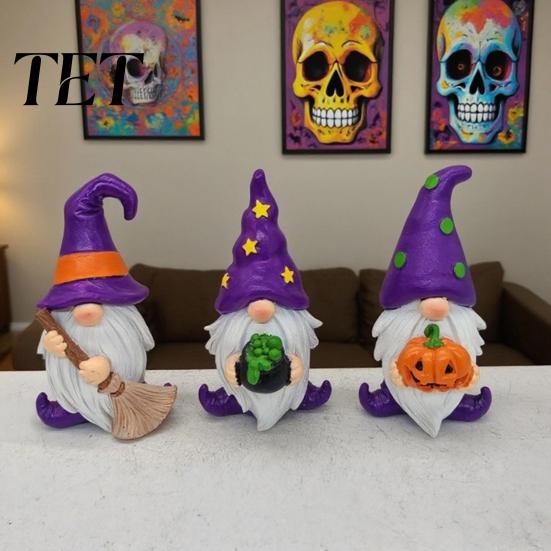 Hand Painted Desktop Figurines Halloween Gnome Resin Figurine, Broom Cauldron Pumpkin Dwarf Cute Cartoon Wizard Gnomes Statue for Desk Shelf,