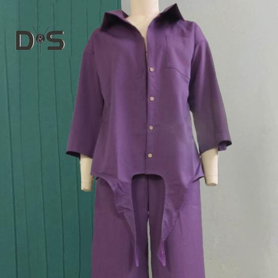 Women's Cotton-Linen Two Piece Outfit Long Sleeve Lapel Button Down Top Matching Wide Leg Pants Casual Loungewear Set