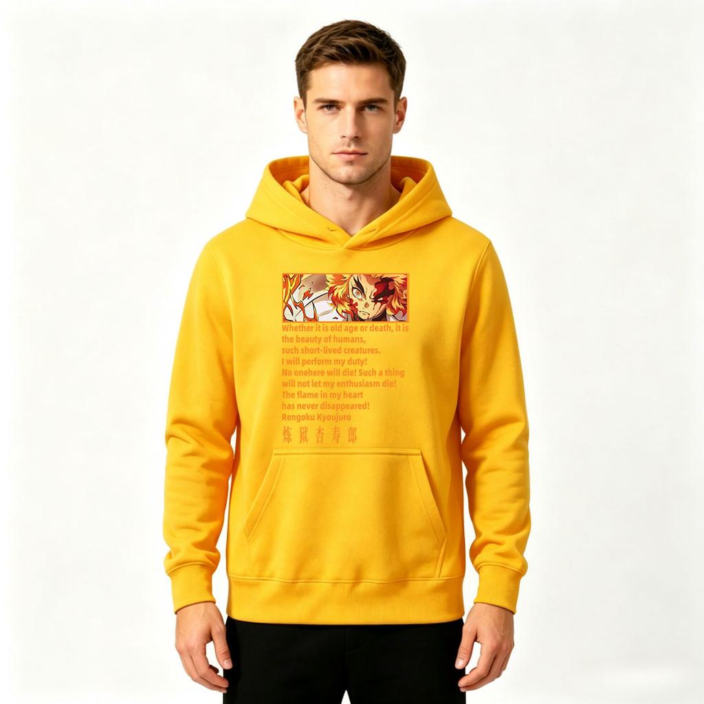 Men's Rengoku Kyoujuro Anime Print Pullover Hoodie Casual Long Sleeve Sweatshirt