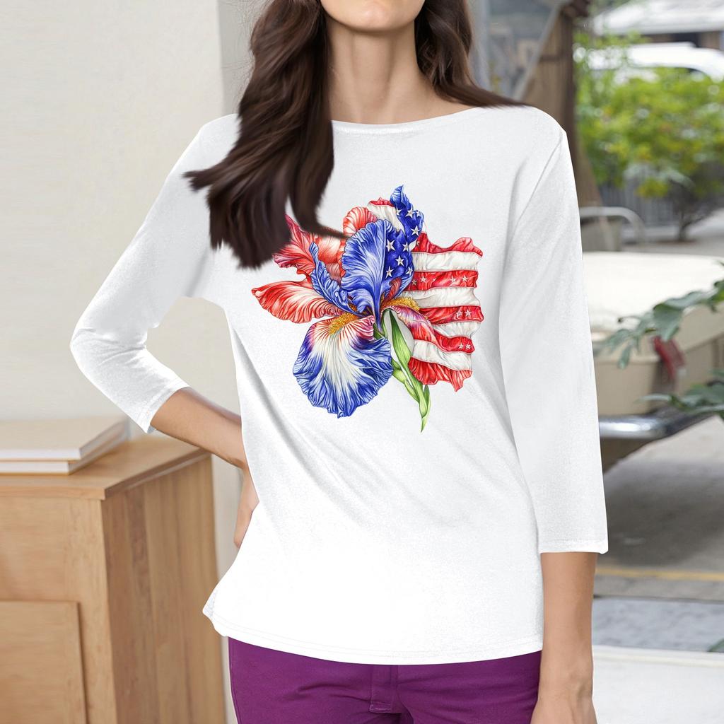 3/4 Sleeve Tops For Women T-Shirt Casual Print Tops T Shirt Round Neck Pullover Blouse